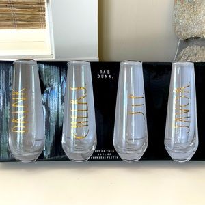 RAE Dunn set of 4 10 Oz. stemless flutes. New in box. DRINK CHEERS SIP SAVOR